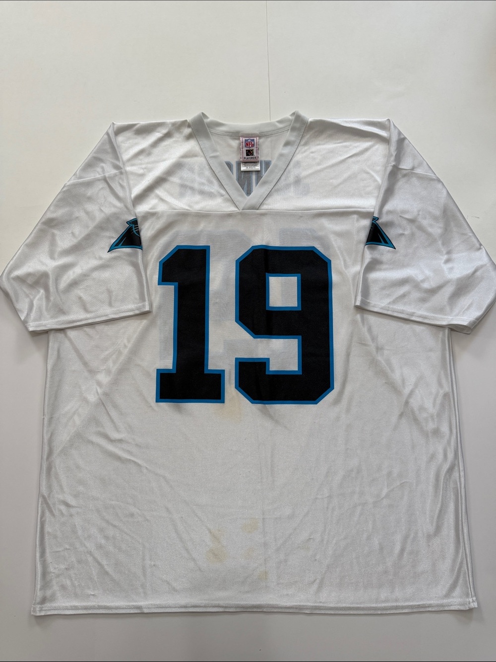 Vintage NFL Panthers White Jersey with Black & Blue Number 19 Johnson